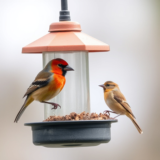 Small birds feeding from specialized feeder