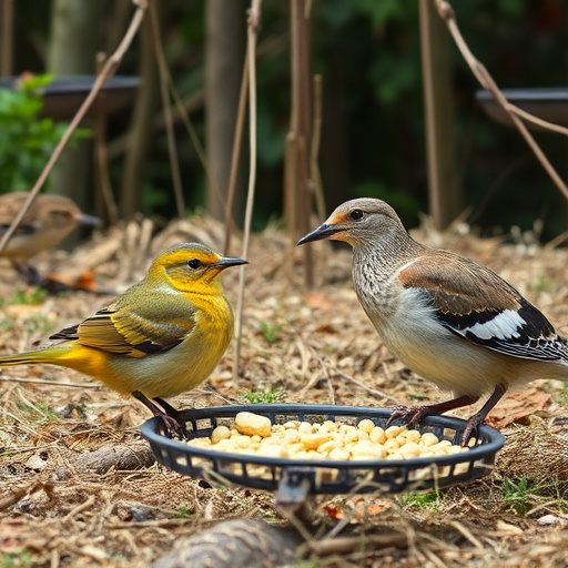 Small birds feeding in wire cage feeder
