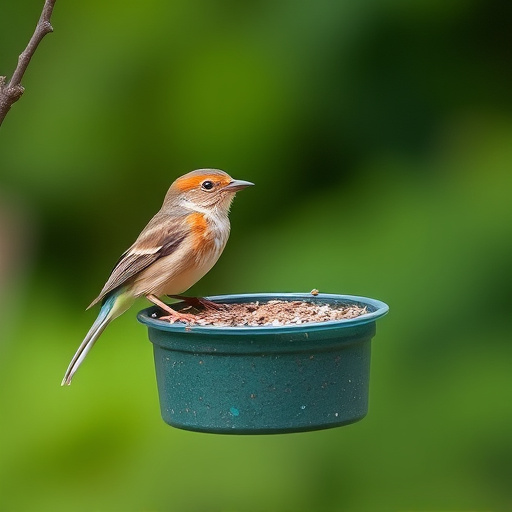 Small birds feeding on ground feeder