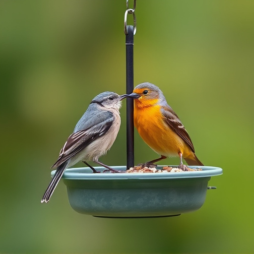 Small birds feeding on ground feeder