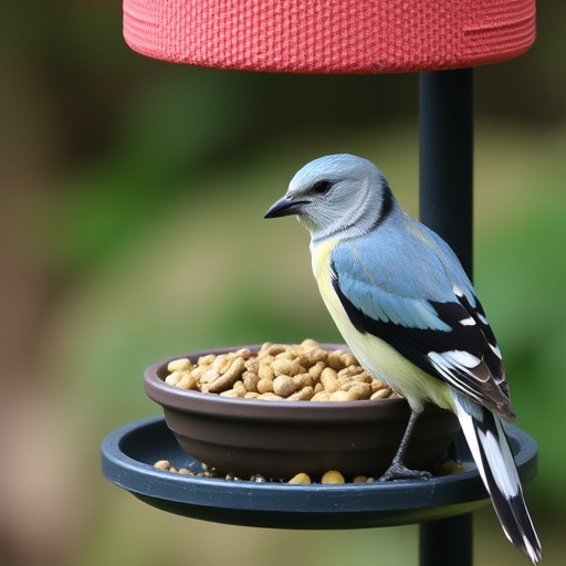 Small birds feeding on ground feeder