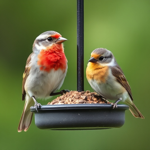 Small birds feeding on wooden station