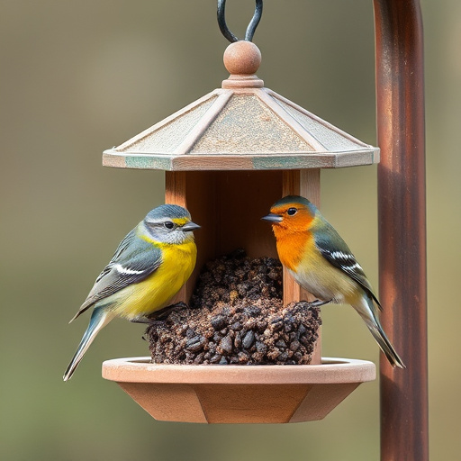 Small birds feeding on wooden station