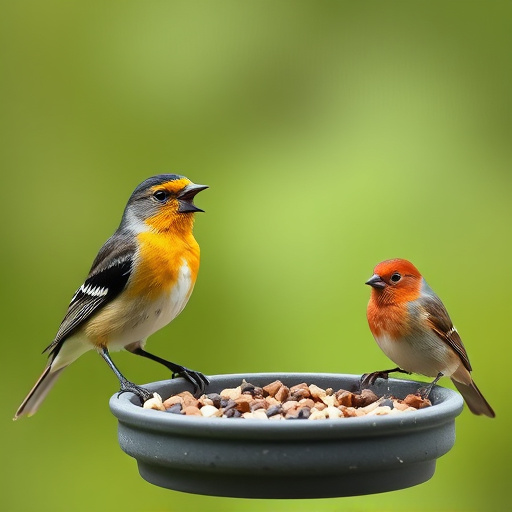 Small birds feeding on wooden station