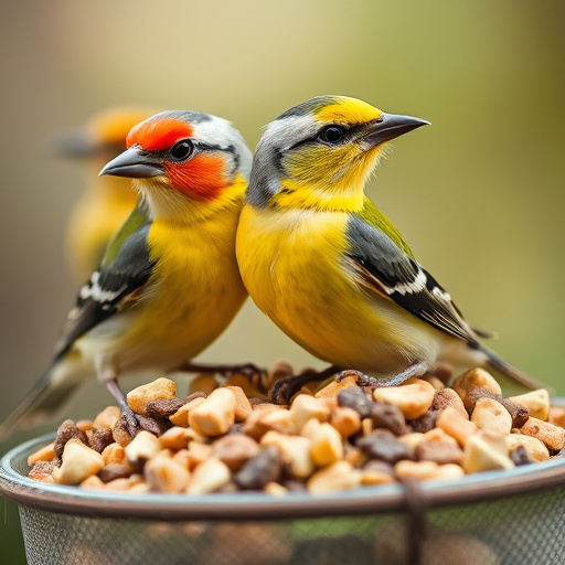 Small finches eating from garden feeder