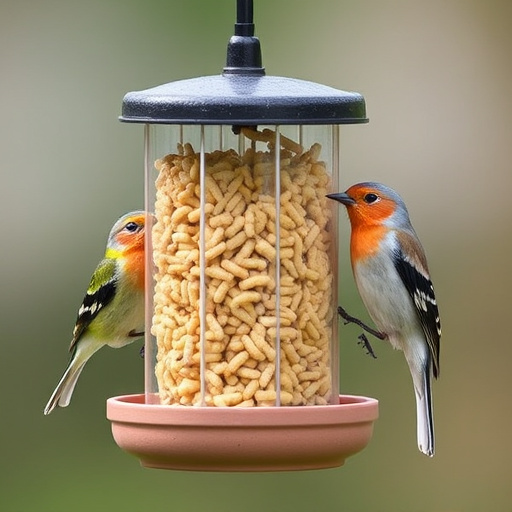 Small songbird feeding on mealworm tray