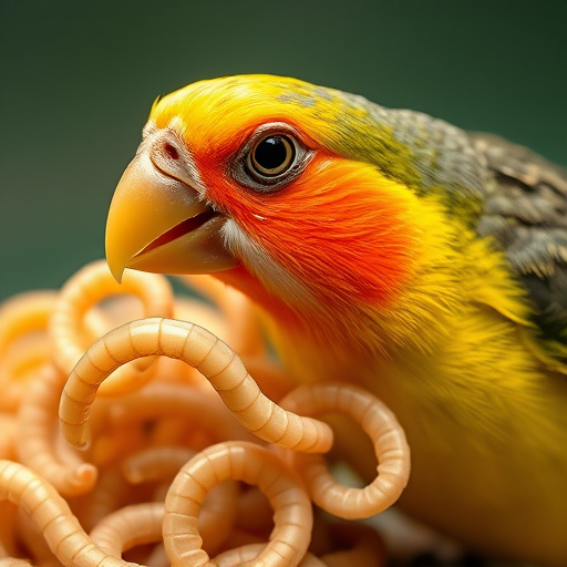 Small songbird feeding on mealworm tray