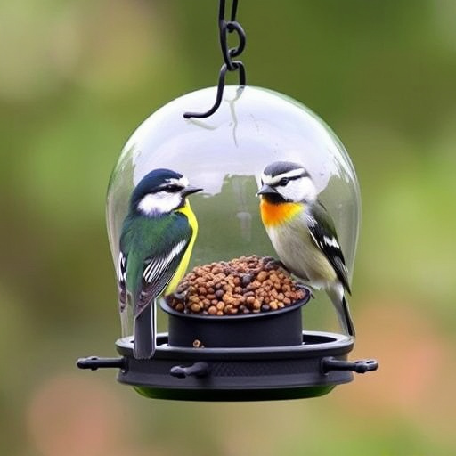 Sparrow clinging to hanging fat ball feeder