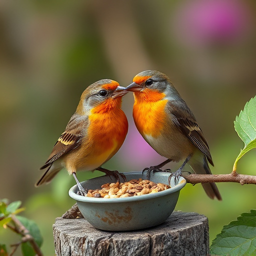 Sparrows eating seeds on ground