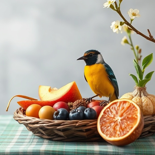 Spring garden birds eating fruit slices