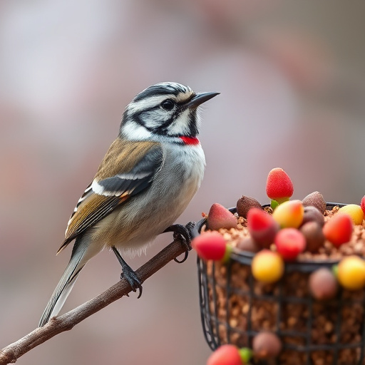 Spring garden birds eating fruit slices