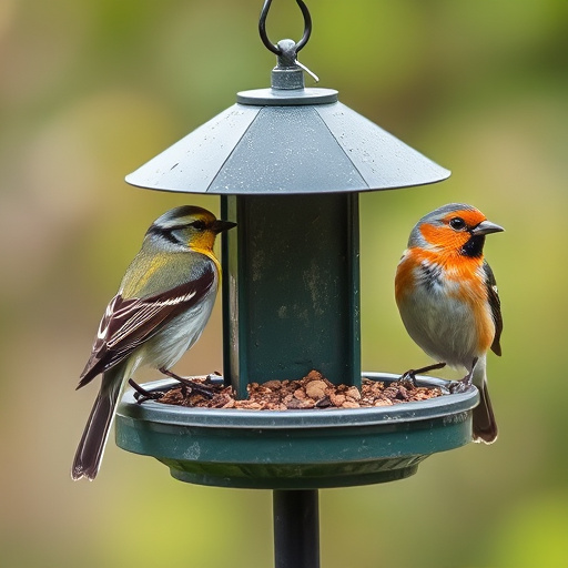 Spring garden birds eating fruit slices