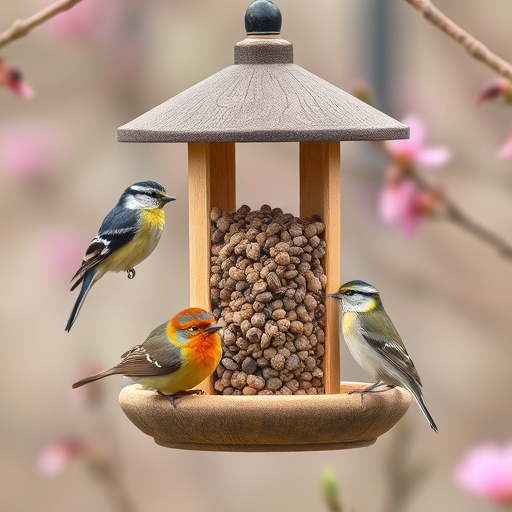 Spring garden birds eating fruit slices