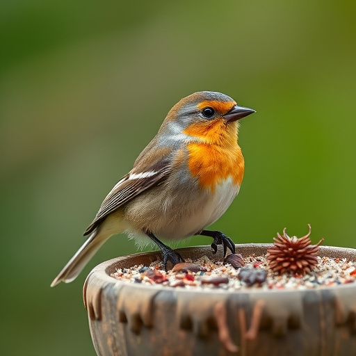 Spring garden birds eating fruit slices