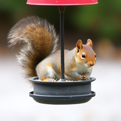 Squirrel nibbling on garden bird feeder blocked