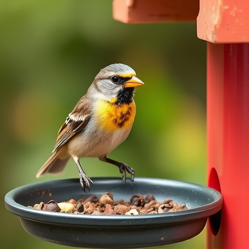 Squirrel-proof peanut feeder hanging in garden