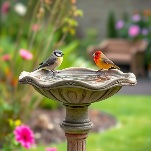 Stone bird bath surrounded by wildflowers