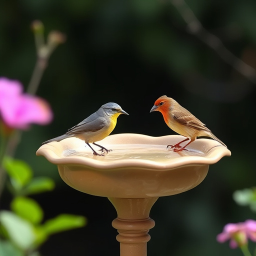 Stone bird bath surrounded by wildflowers
