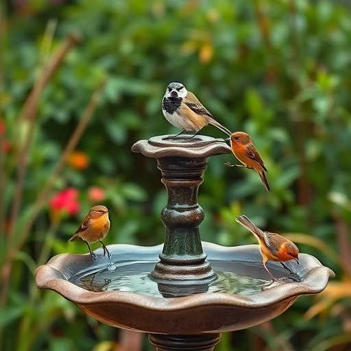 Stone bird bath surrounded by wildflowers
