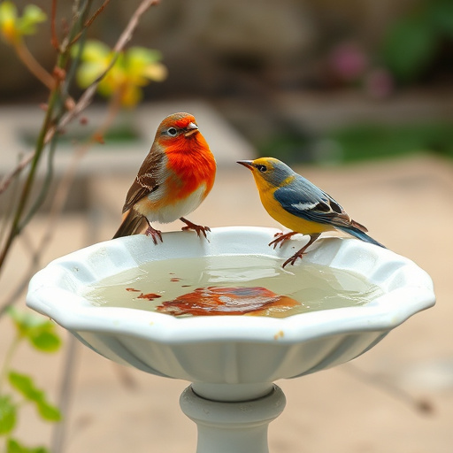 Stone bird bath surrounded by wildflowers
