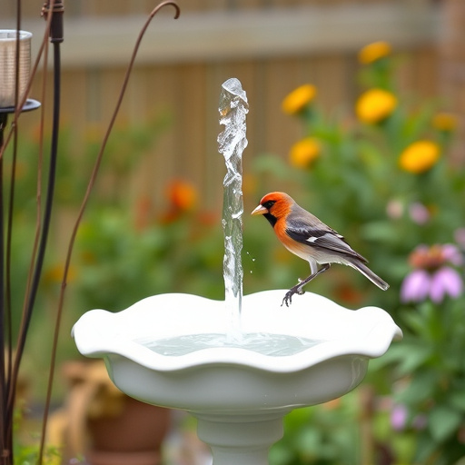 Stone bird bath with sparrows splashing water