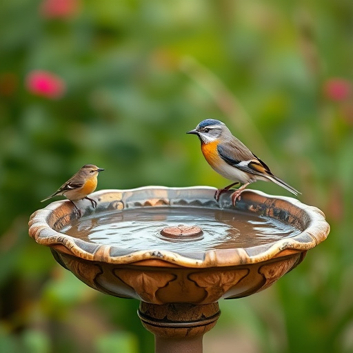 Stone bird bath with sparrows splashing water