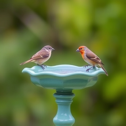 Stone bird bath with sparrows splashing water