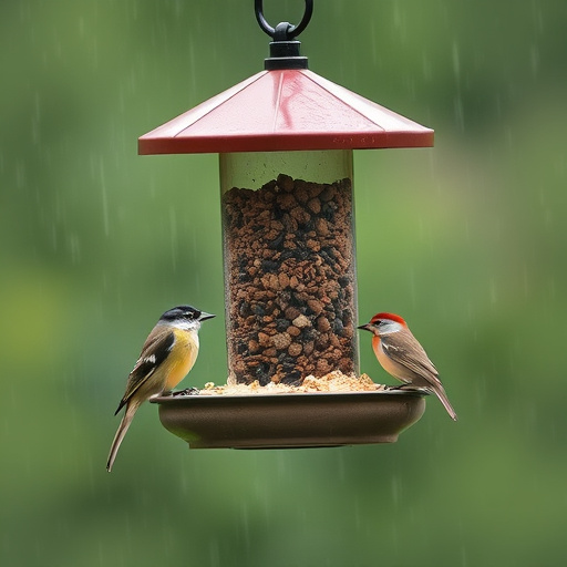 Sturdy roofed feeder surrounded by grass