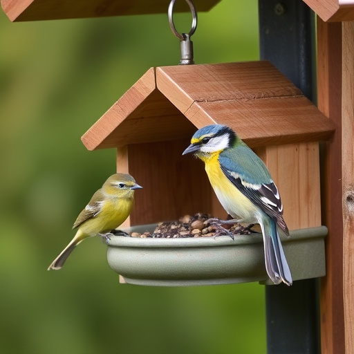 Sturdy roofed feeder surrounded by grass