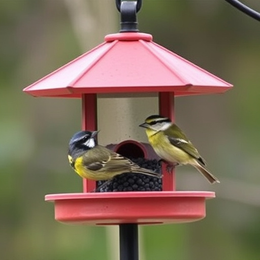 Sturdy roofed feeder surrounded by grass
