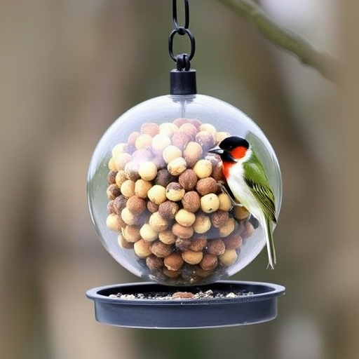 Suet ball holder attached to wooden post