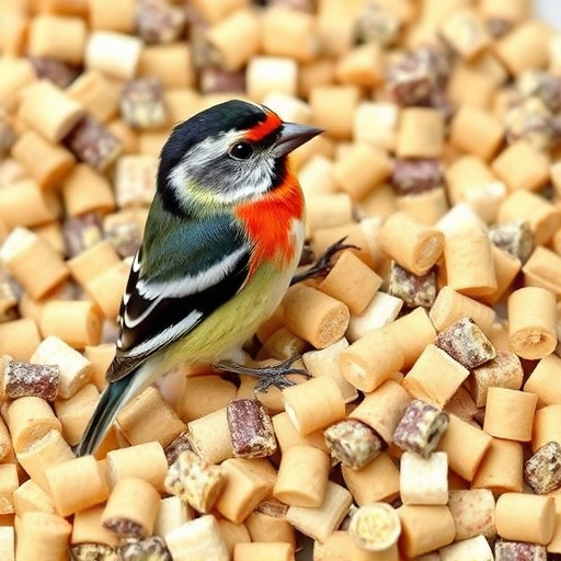 Suet pellets scattered on wooden bird table