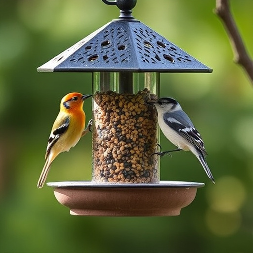 Sunlit garden with birds eating seed