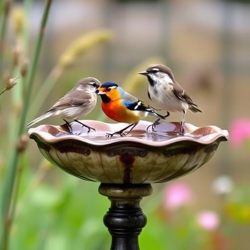 Terracotta bird bath with clear reflection