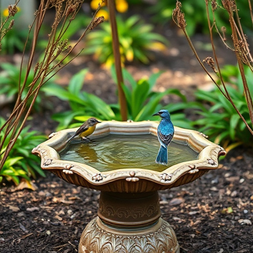 Terracotta bird bath with clear reflection