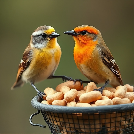 Tit bird feeding from peanut feeder