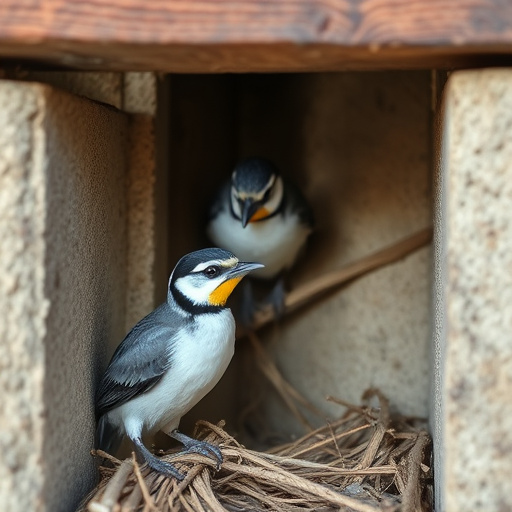 Tree-mounted bird box with bird nearby