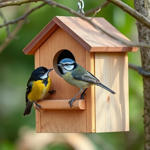 Tree-mounted bird box with bird nearby