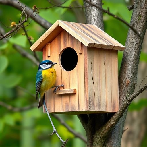 Tree-mounted bird box with bird nearby