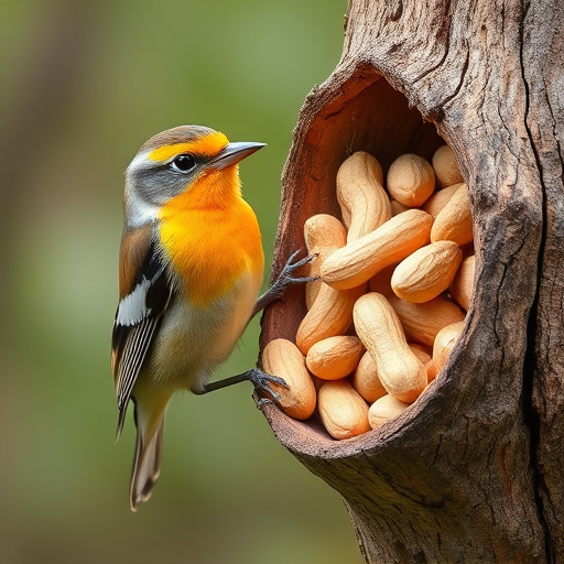 Whole peanuts in mesh bird feeder
