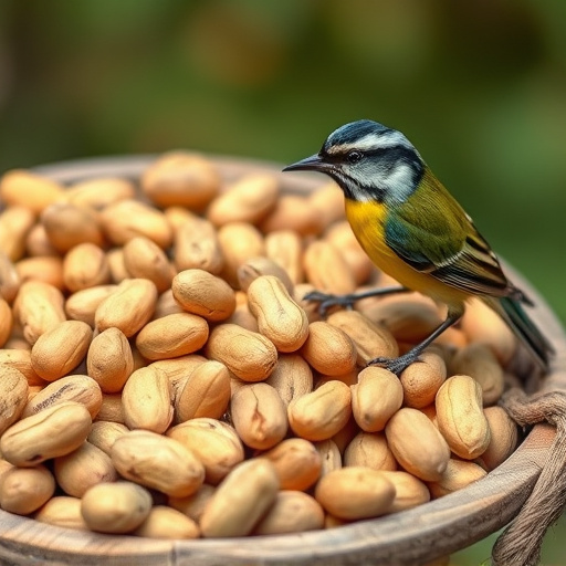 Whole peanuts in mesh bird feeder