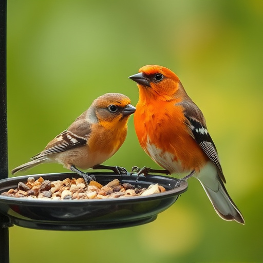 Wild birds eating from ground feeder
