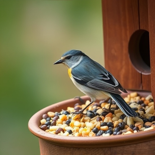 Wild birds eating from ground feeder