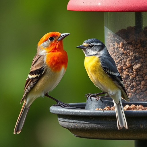 Wild birds eating from ground feeder