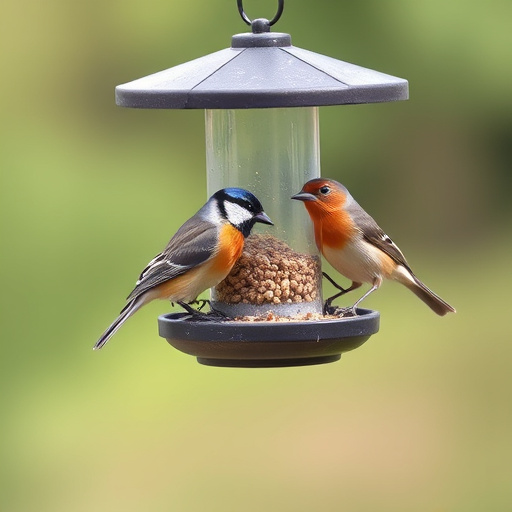 Wild birds eating from ground feeder