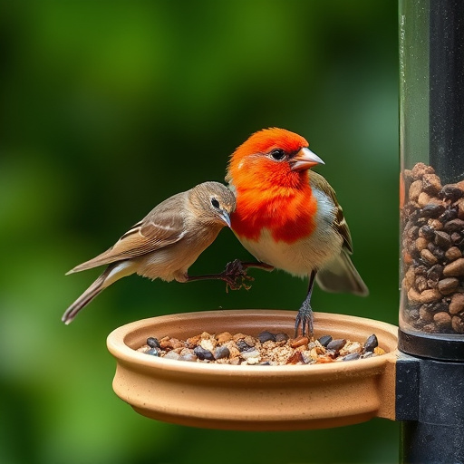 Wild birds eating from ground feeder