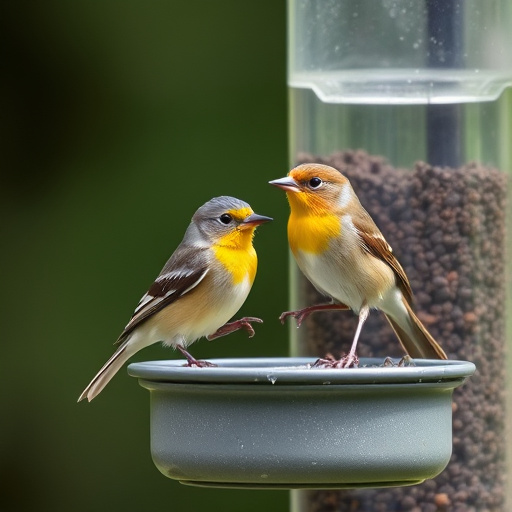 Wild birds eating from ground feeder