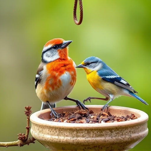 Wild birds eating from ground feeder