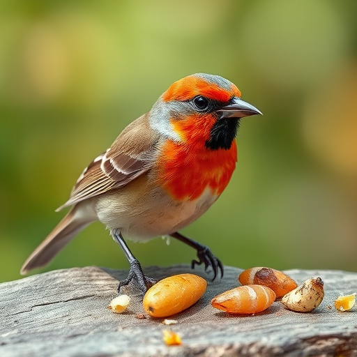 Wild birds enjoying mealworms outdoors