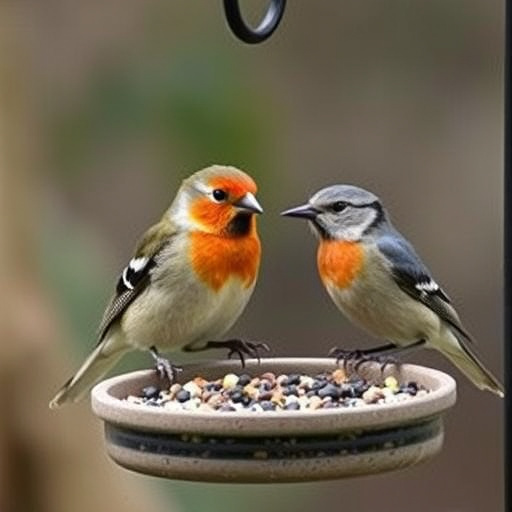 Wild birds enjoying mealworms outdoors